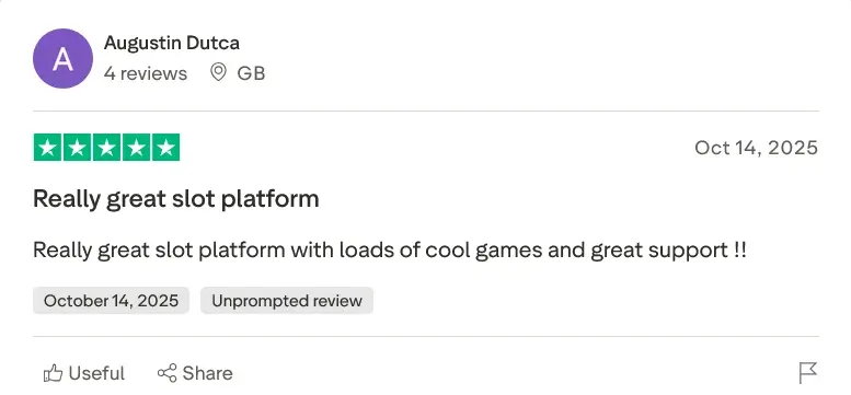 A screenshot of a 5-star customer review from Augustin Dutca, dated October 14, 2025. The review, titled "Really great slot platform," highlights the "loads of cool games and great support."